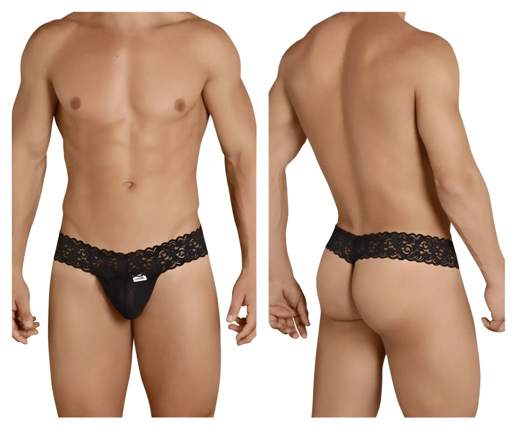 Black lace-trimmed men’s thong with small brand tag on front in CandyMan 99370 thongs color black