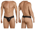 Black lace-trimmed men’s thong with small brand tag on front in CandyMan 99370 thongs color black