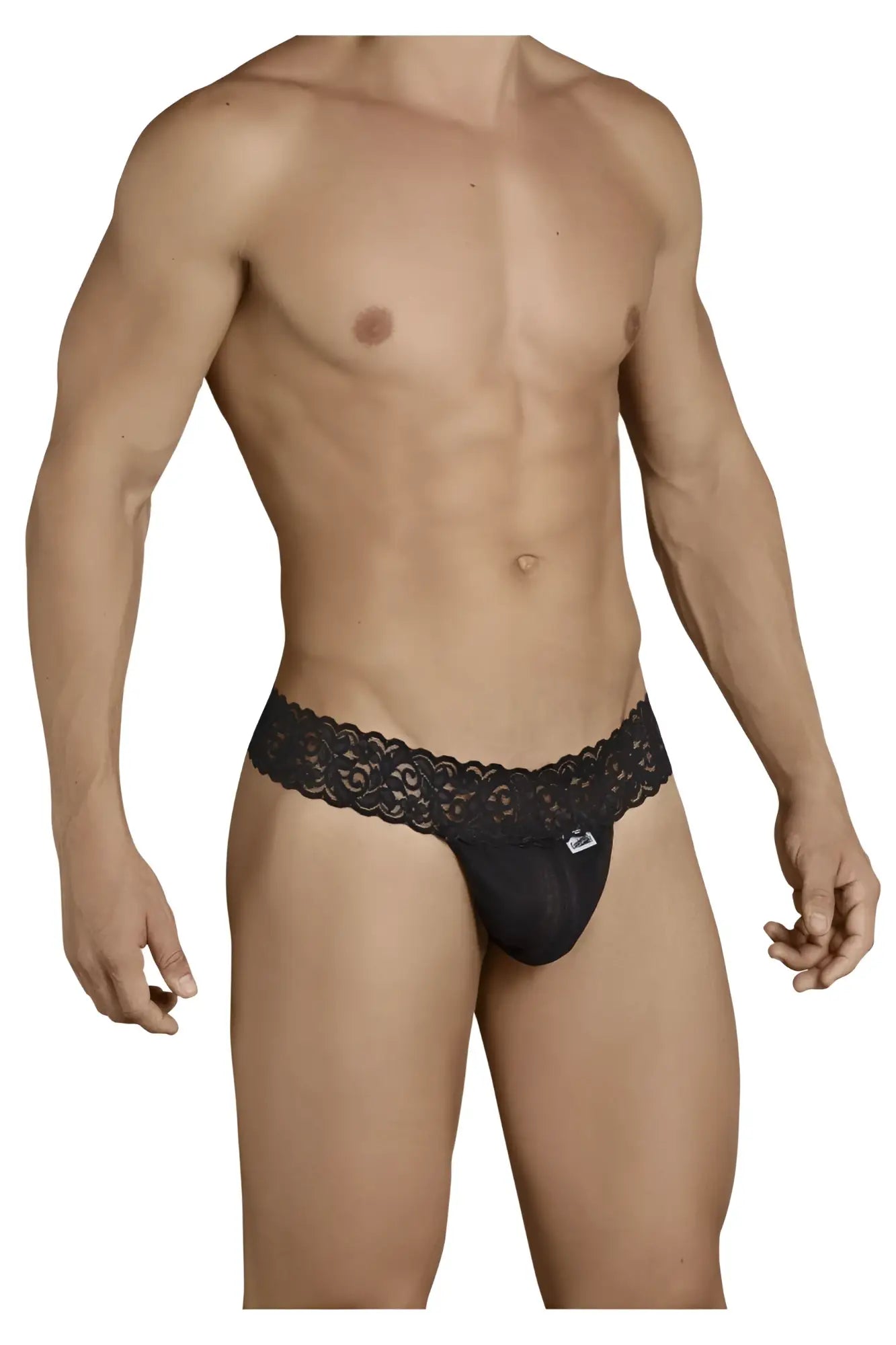 Black lace-trimmed mens thong candyMan 99370 in black with subtle brand logo on front for stylish comfort