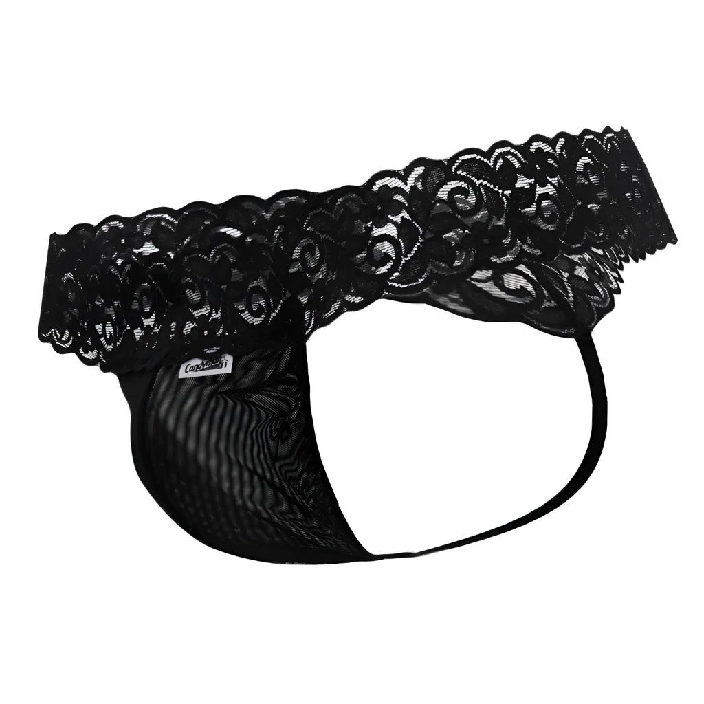 CandyMan 99370 black thongs made of black lace-trimmed mesh briefs with scalloped edge and elastic waistband