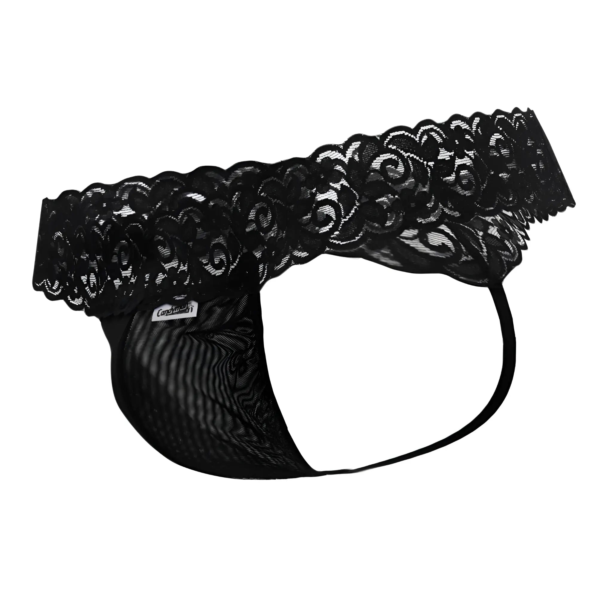 CandyMan 99370 black thongs made of black lace-trimmed mesh briefs with scalloped edge and elastic waistband