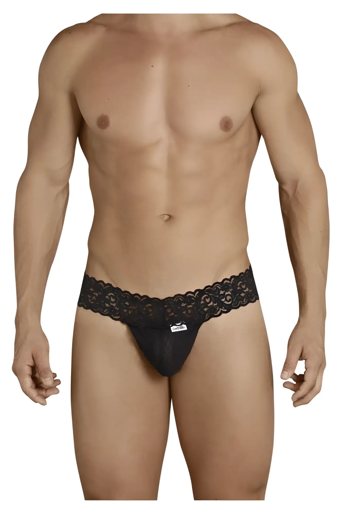 Black CandyMan 99370 thong in lace-trimmed fabric with subtle brand tag at the waistband visible from the front