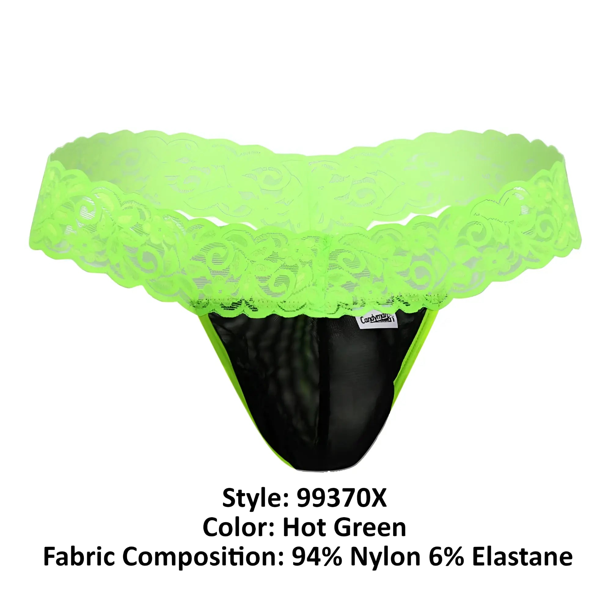 Hot green lace trimmed thong with black mesh interior from candyman 99370x collection displayed from front
