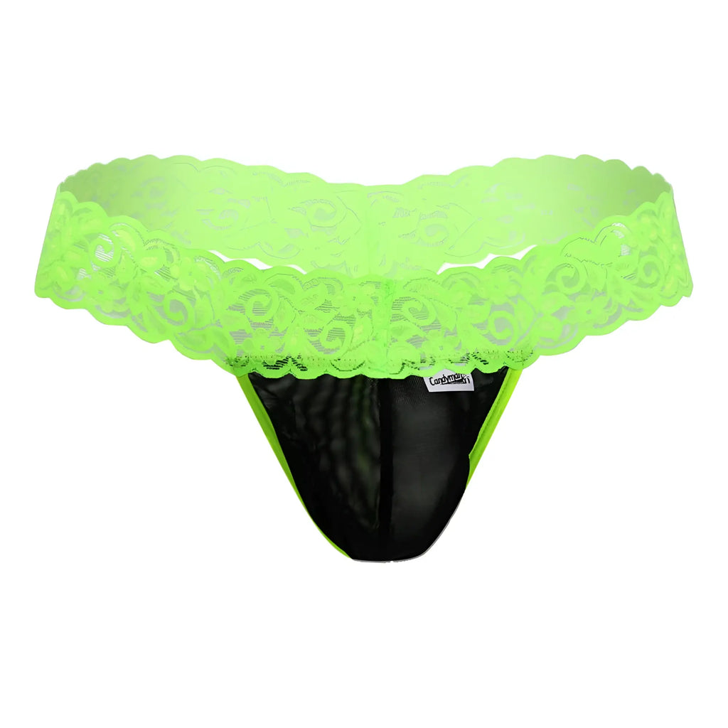 Neon green lace-trimmed black mesh thong from candyman 99370x showing the back side of the hot green underwear