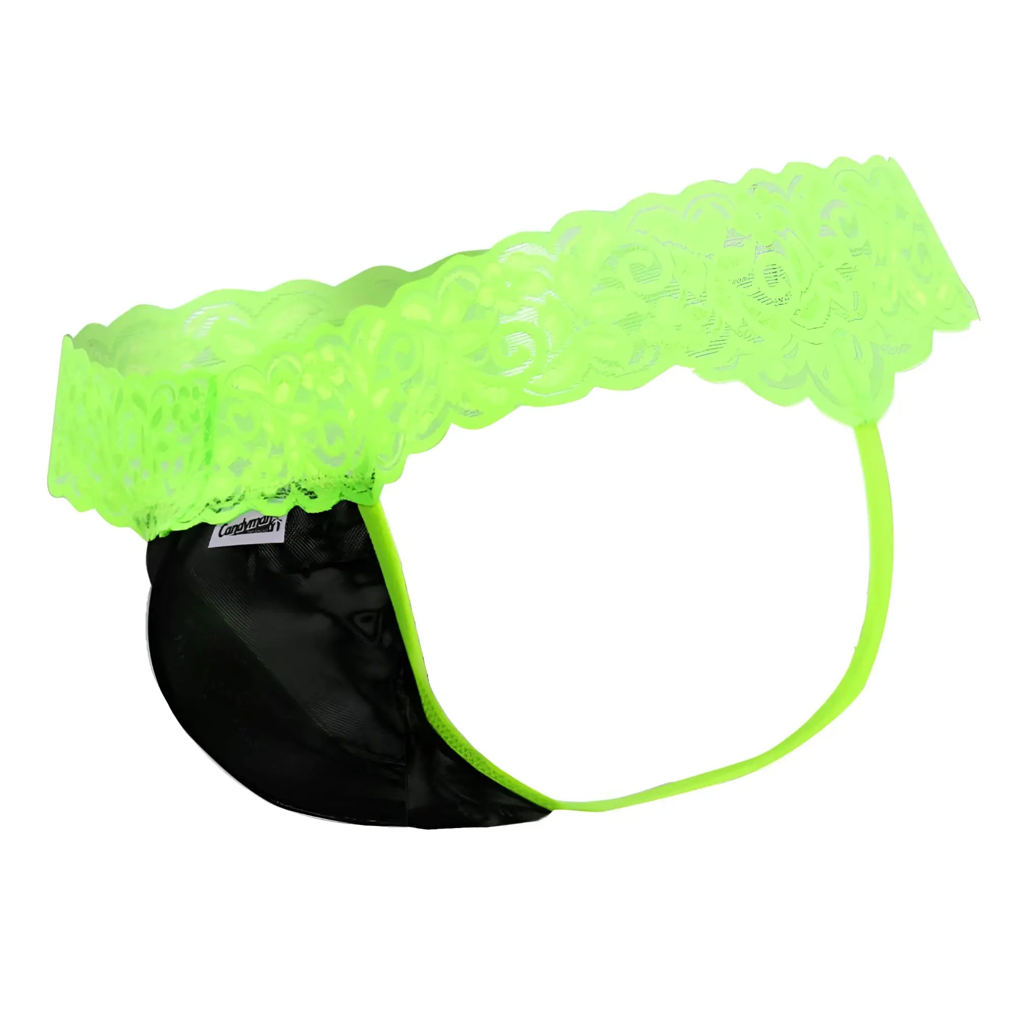 CandyMan 99370X hot green thongs neon green lace-trimmed black briefs with satin finish front view