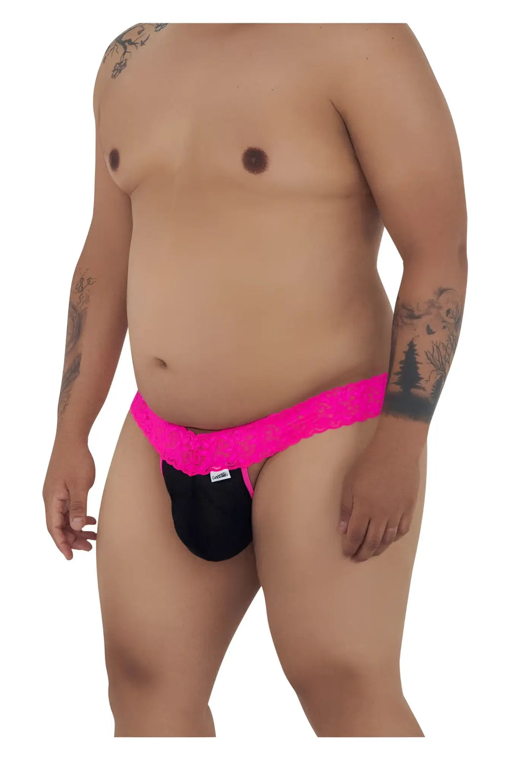 Bright pink lace-trimmed black briefs from Candyman 99370X thongs collection in hot pink color