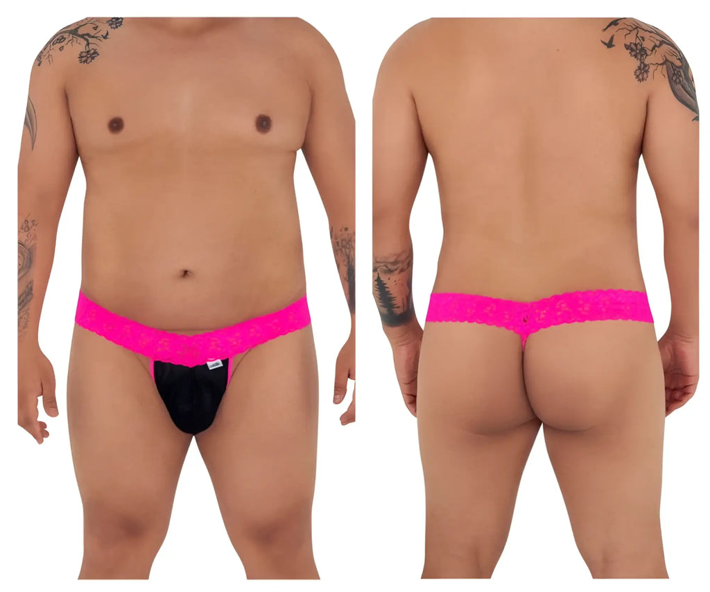 Bright pink lace-trimmed black thong with small white CandyMan brand tag in style 99370X color hot pink
