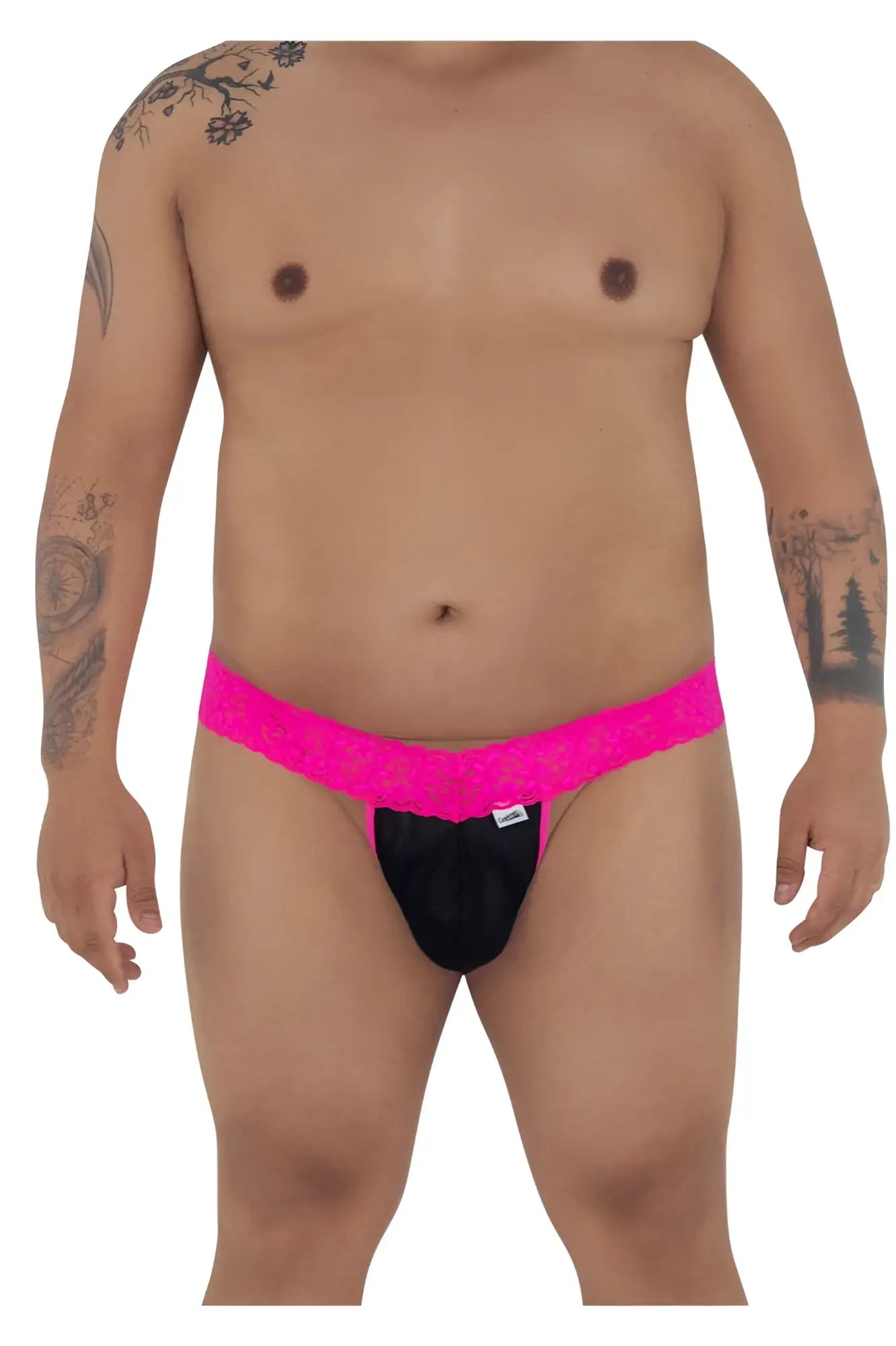 CandyMan 99370X hot pink thong briefs with bright pink lace trim and black fabric featuring a white brand tag