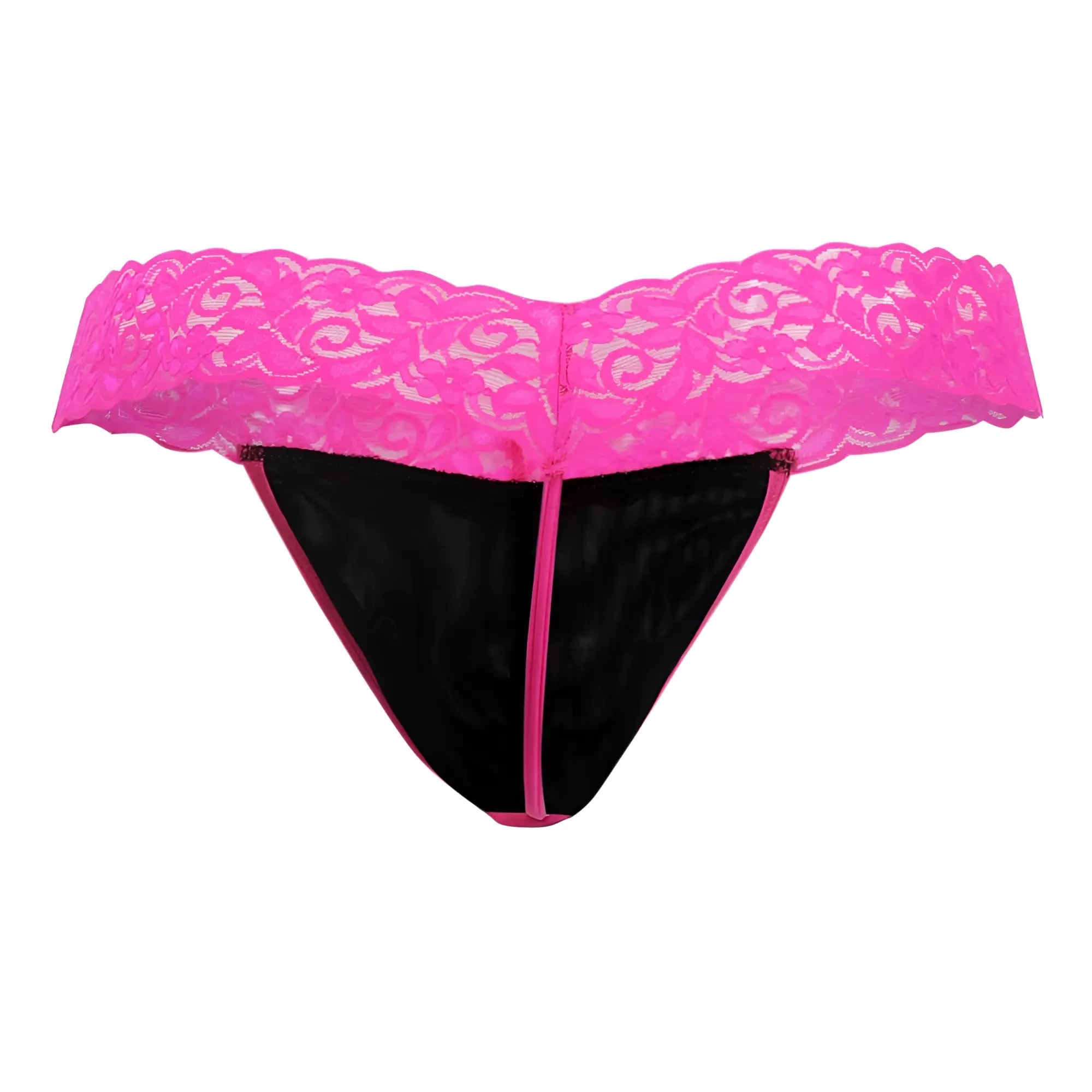 Candyman 99370x thong in hot pink with bright lace trim black mesh interior and matching pink stitching