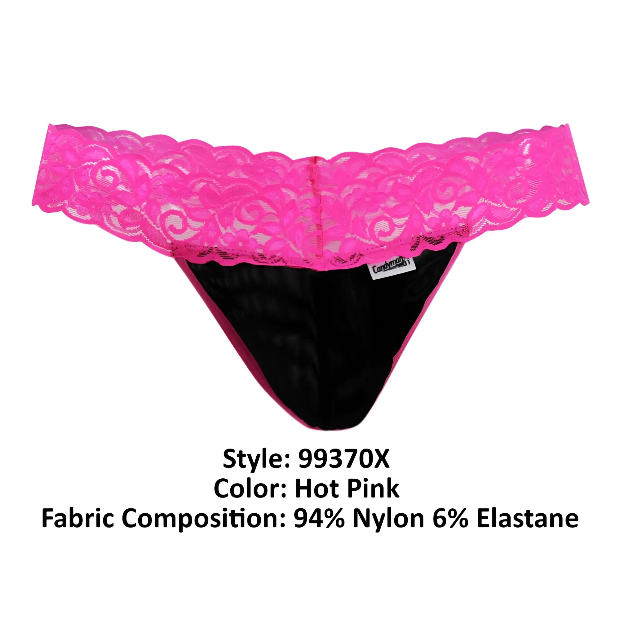 CandyMan 99370X thong in hot pink with black interior lace trim made from 94 nylon and 6 elastane