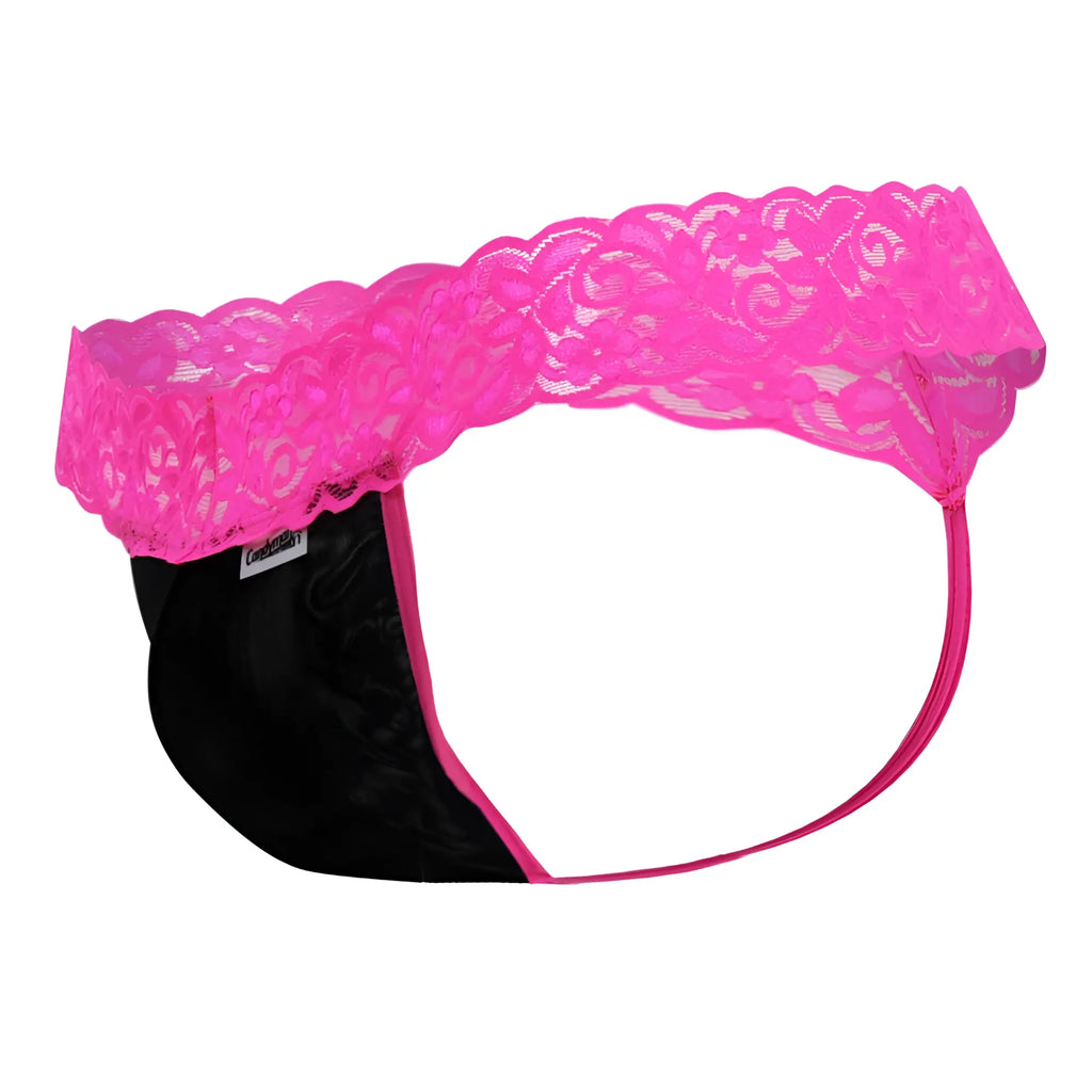 A vibrant pink lace-trimmed black thong with scalloped edges and matching elastic waistband candy man 99370x