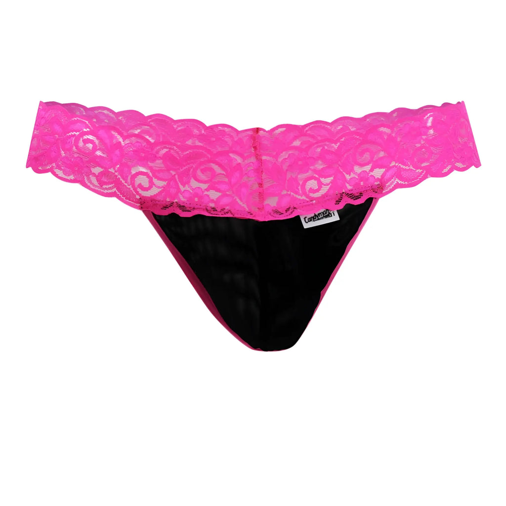 A vibrant hot pink candyMan 99370X thong with lace trim and black satin interior for stylish lingerie wear