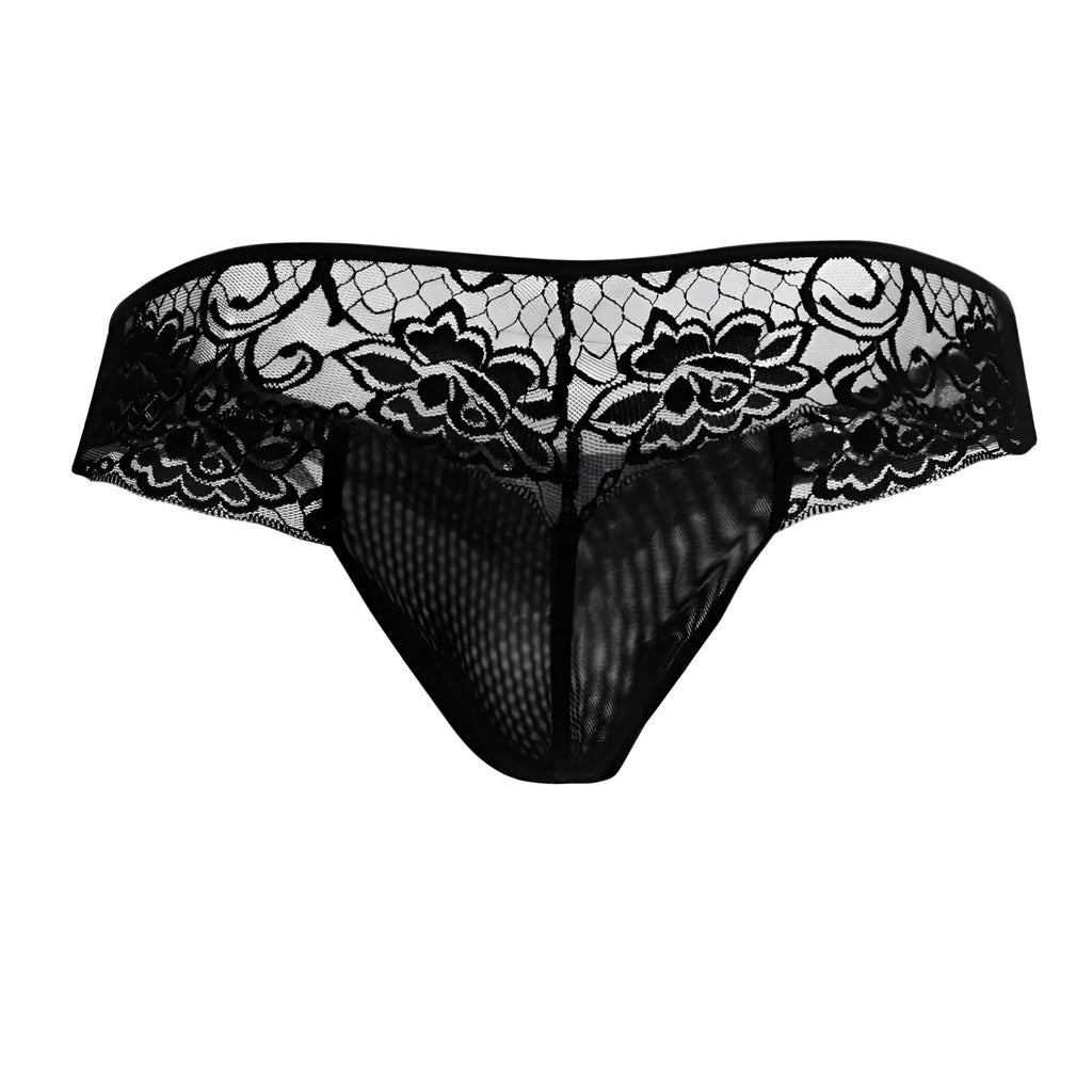 Black lace thong candyMan 99392 in black with floral patterns and a mesh front for stylish comfort