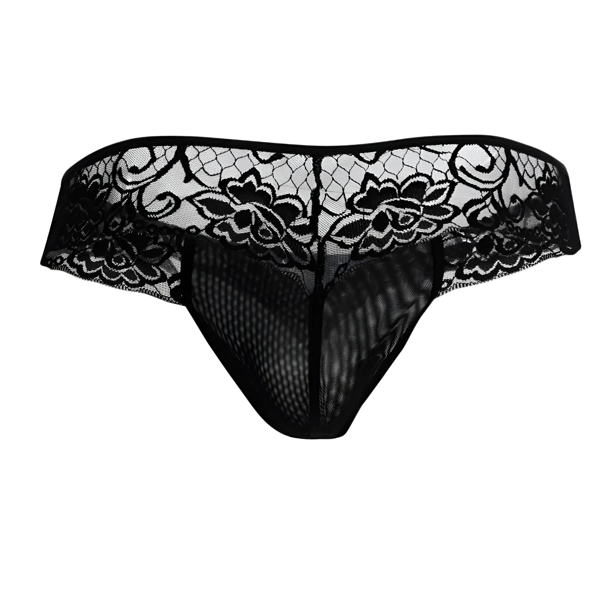 Black lace thong candyMan 99392 in black with floral patterns and a mesh front for stylish comfort