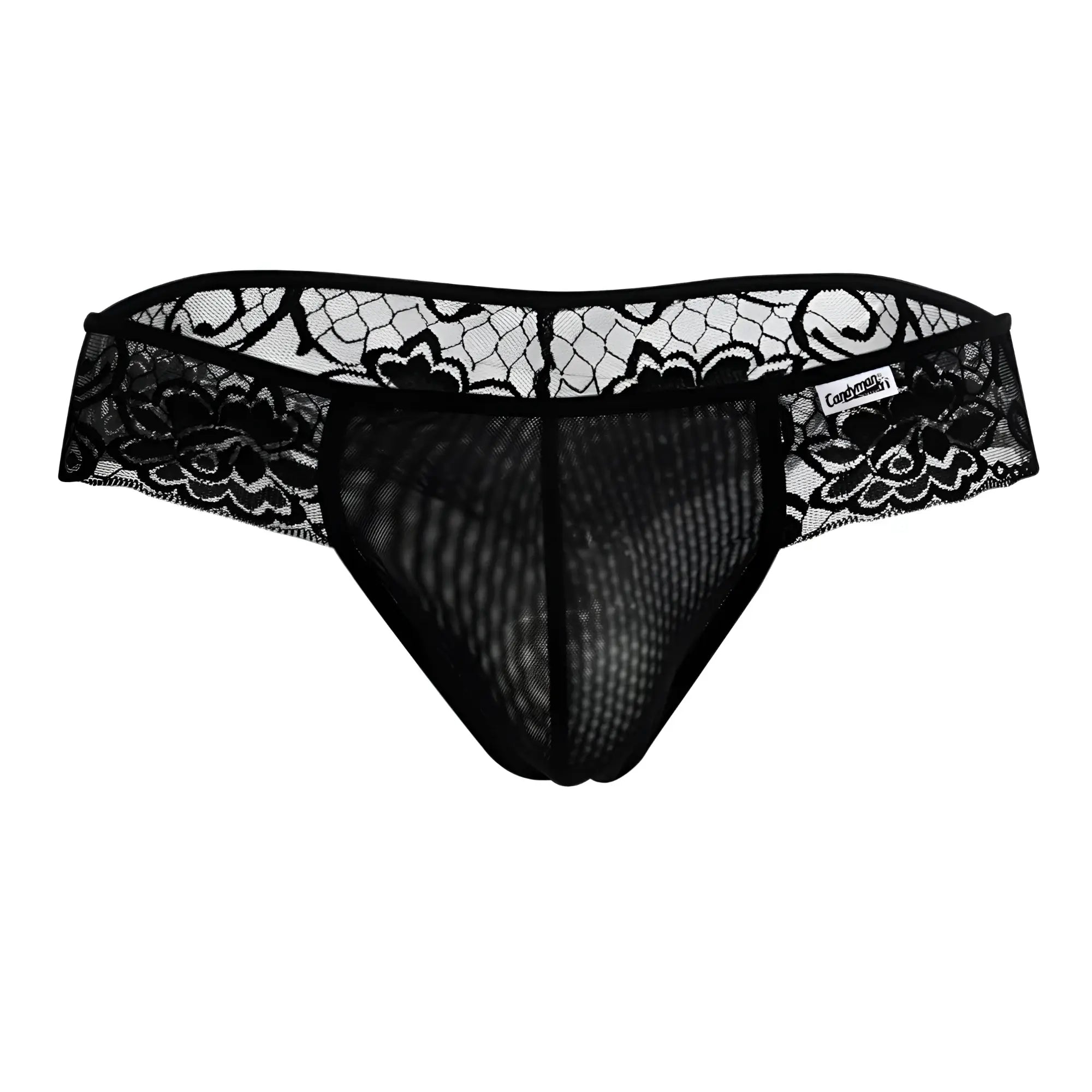 Black CandyMan 99392 thong featuring intricate floral lace and mesh fabric body for elegant lingerie wear