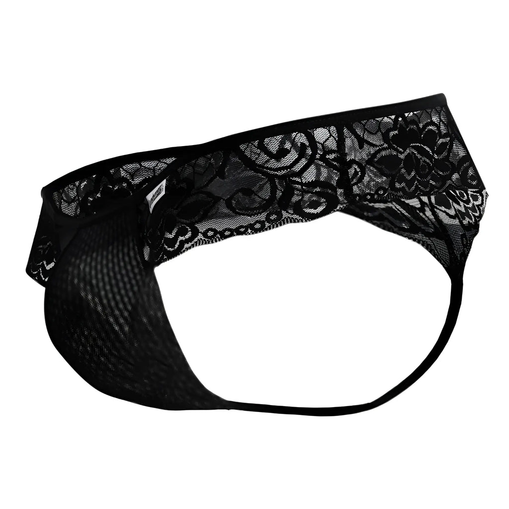 Black lace thong CandyMan 99392 with intricate floral patterns and mesh fabric base in black color