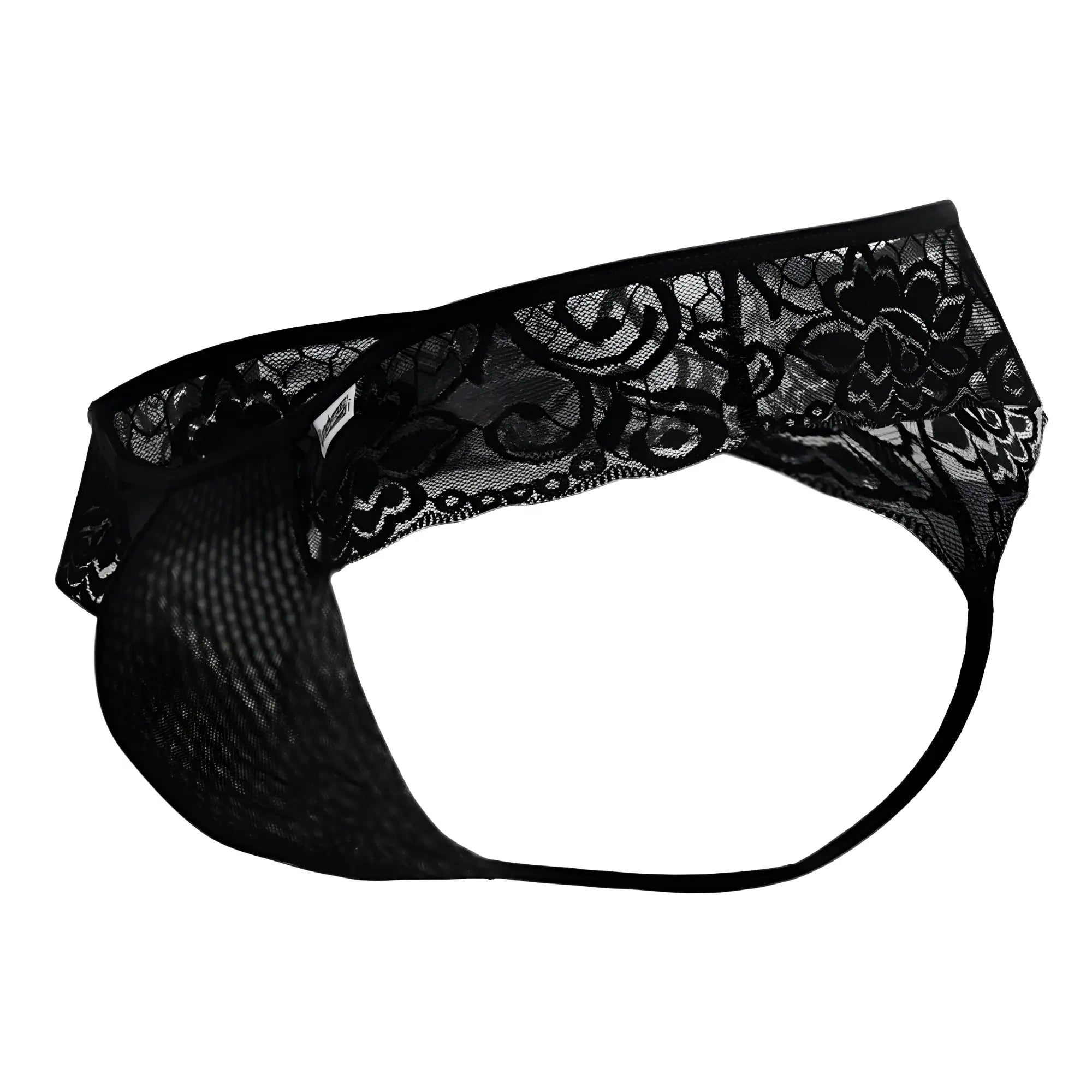 Black lace thong CandyMan 99392 with intricate floral patterns and mesh fabric base in black color