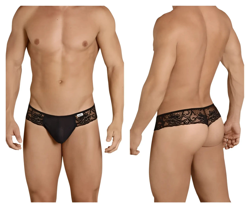Black CandyMan 99392 thongs with lace trim sheer mesh body and floral embroidery on the waistband