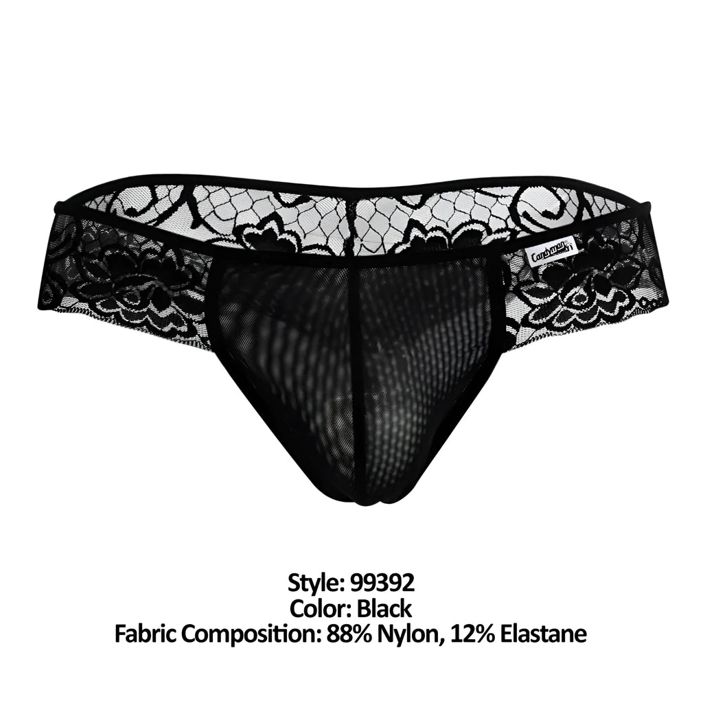 CandyMan 99392 black seamless mesh briefs with black lace trim and delicate floral pattern front view
