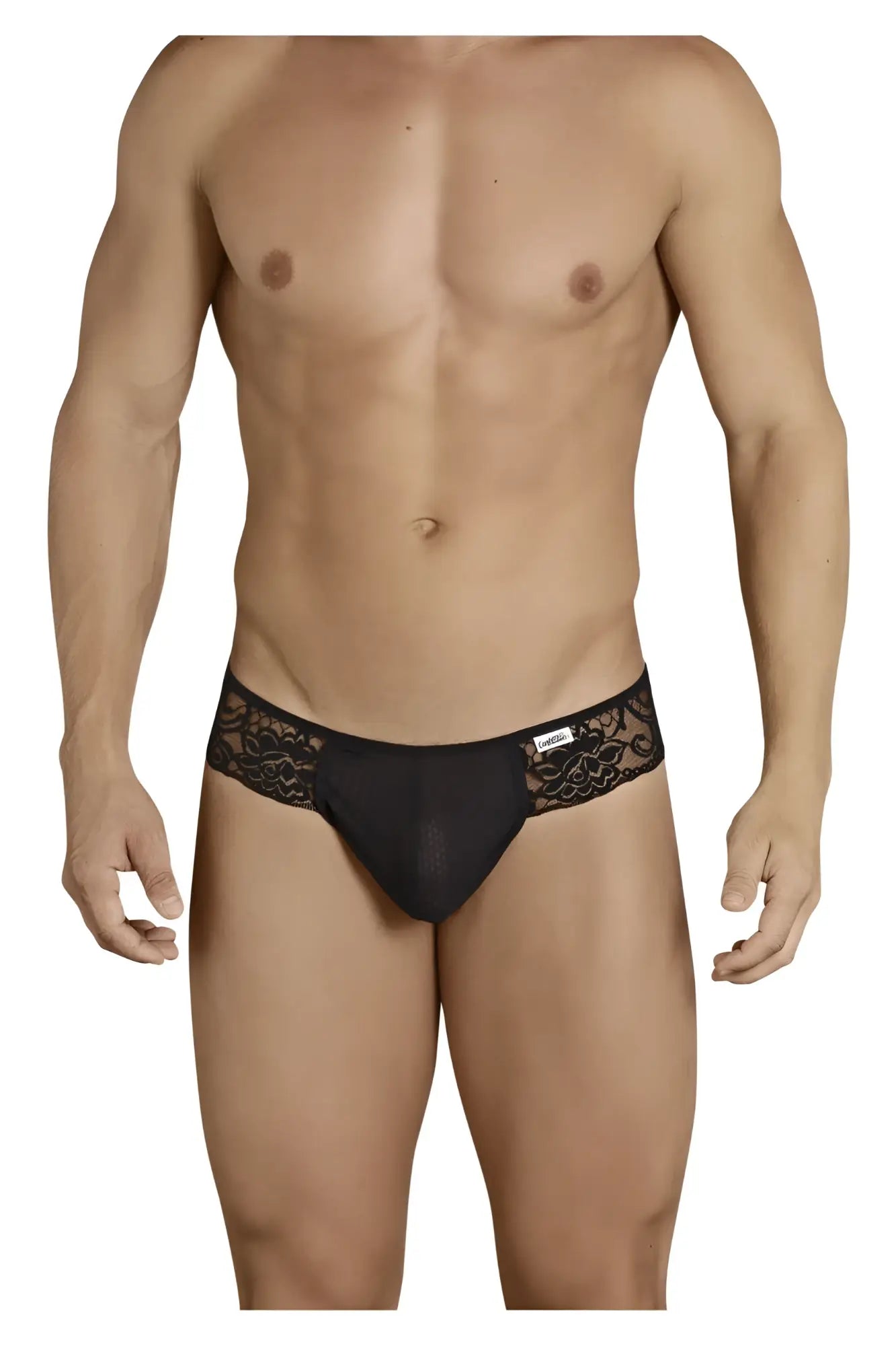 Black lacy CandyMan 99392 thong with sheer mesh front and embroidered floral waistband in black