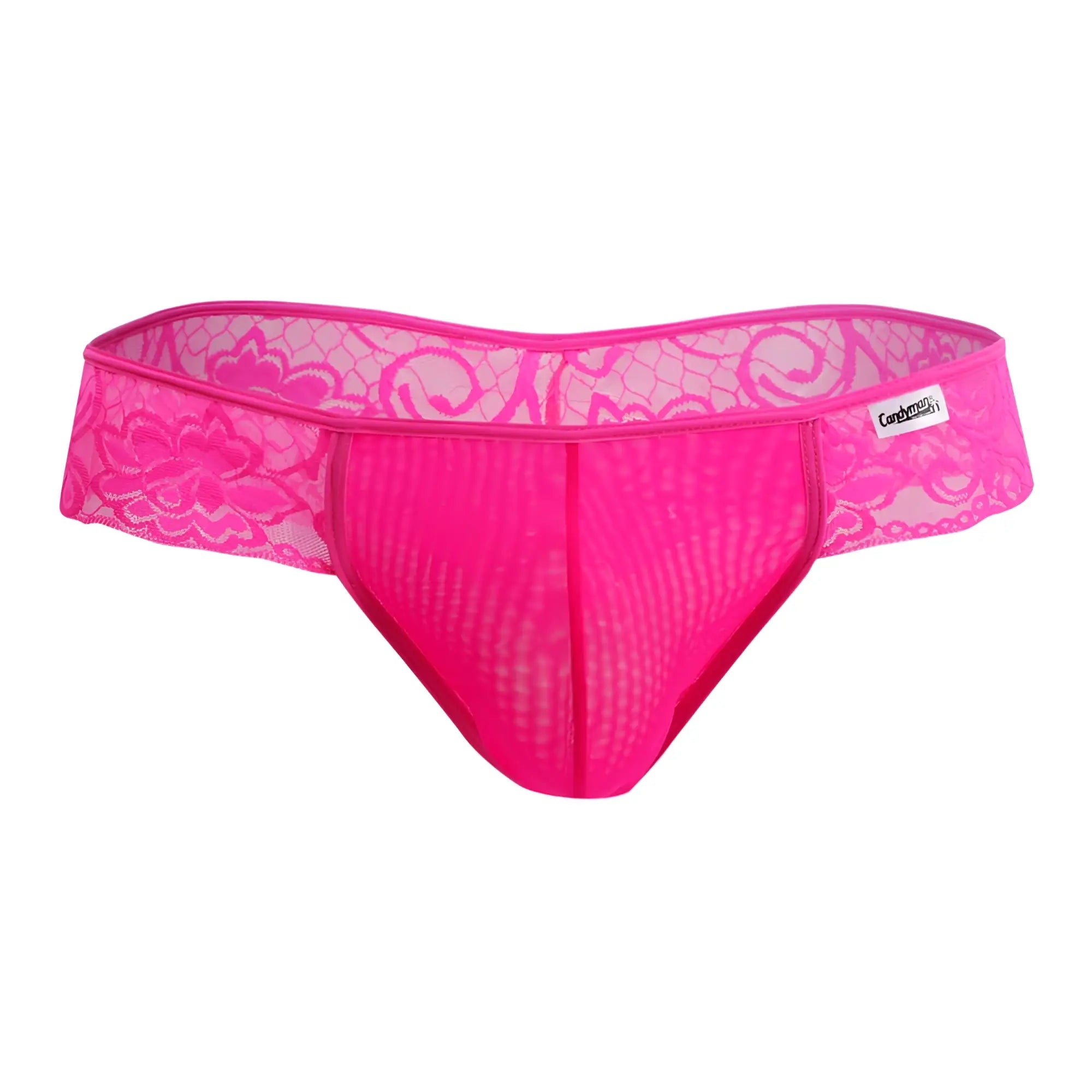 Bright pink CandyMan 99392 thong with lace floral patterns and a mesh front panel for stylish lingerie wear