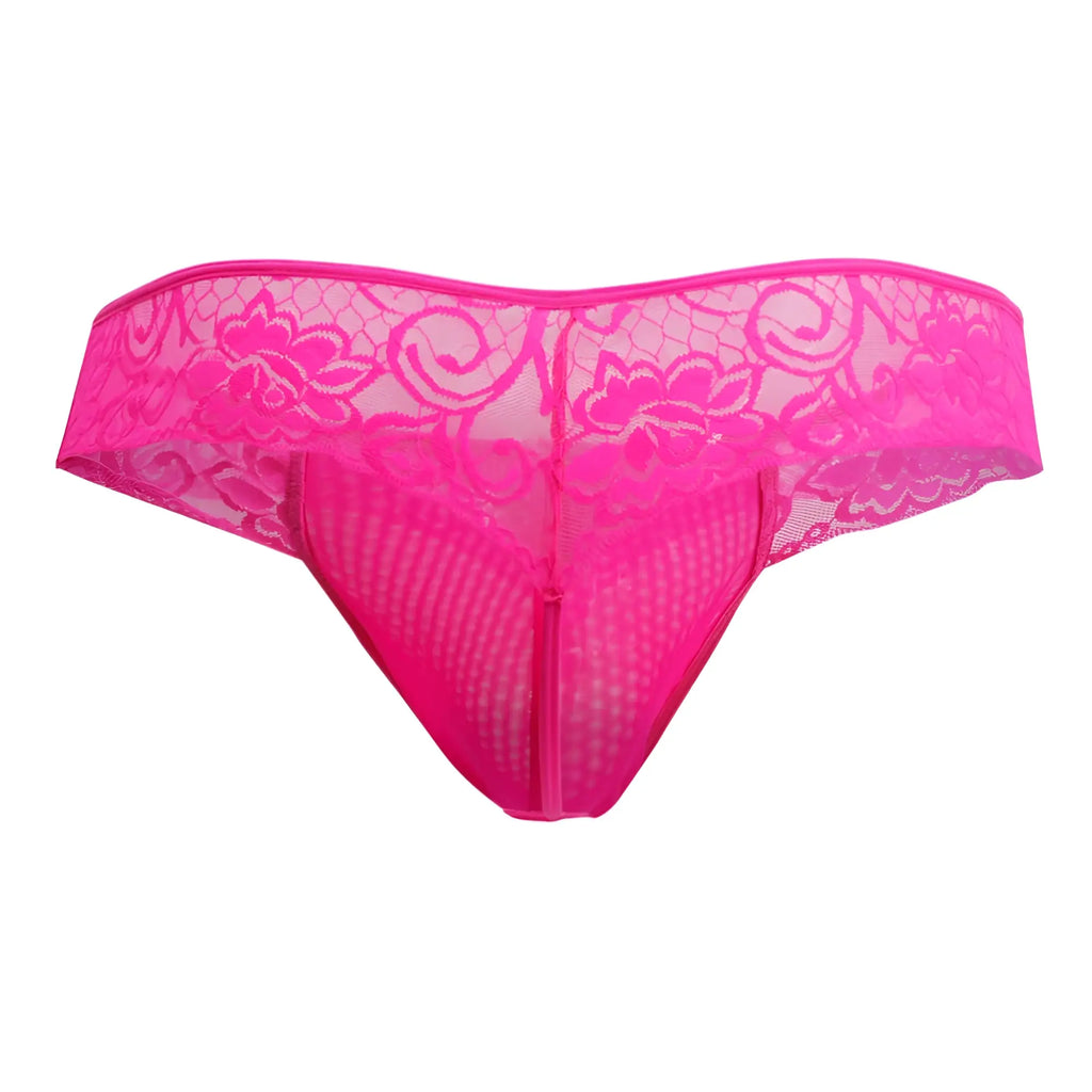 Bright pink CandyMan 99392 lace thong with floral and swirl patterns showcasing the front side design