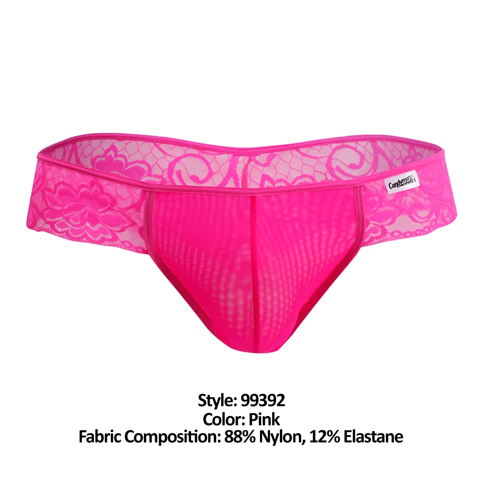 Bright pink CandyMan 99392 men’s thong with lace trim mesh front panel and elastic waistband