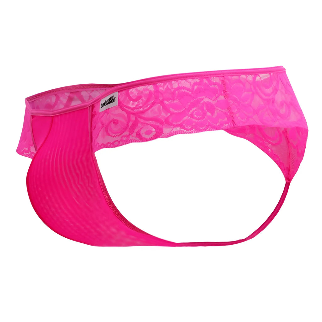 CandyMan 99392 thong in bright pink with lace trim sheer mesh body and scalloped edges front view