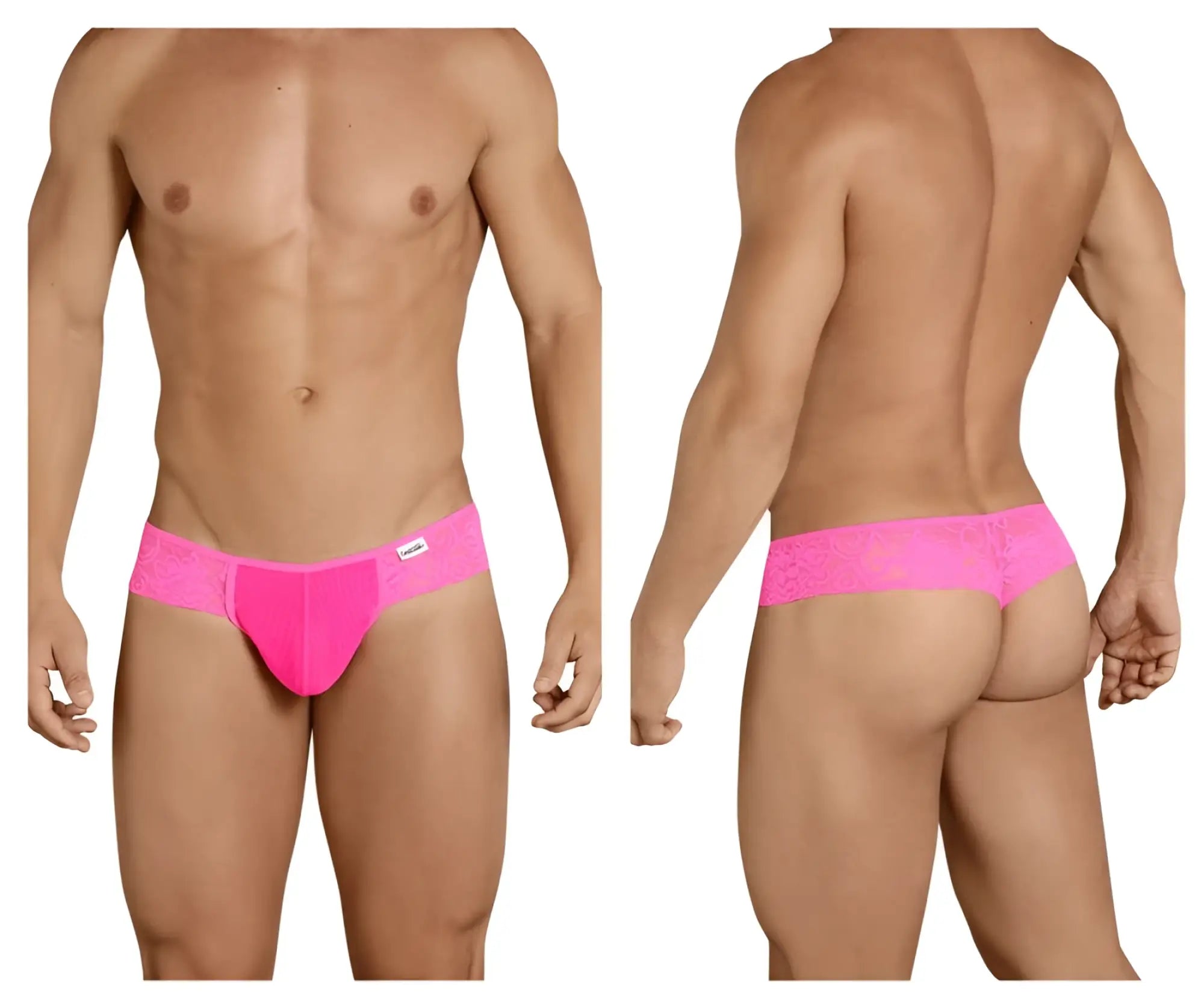 Bright pink lace-trimmed candyMan 99392 thong with snug form-fitting design showing the front side