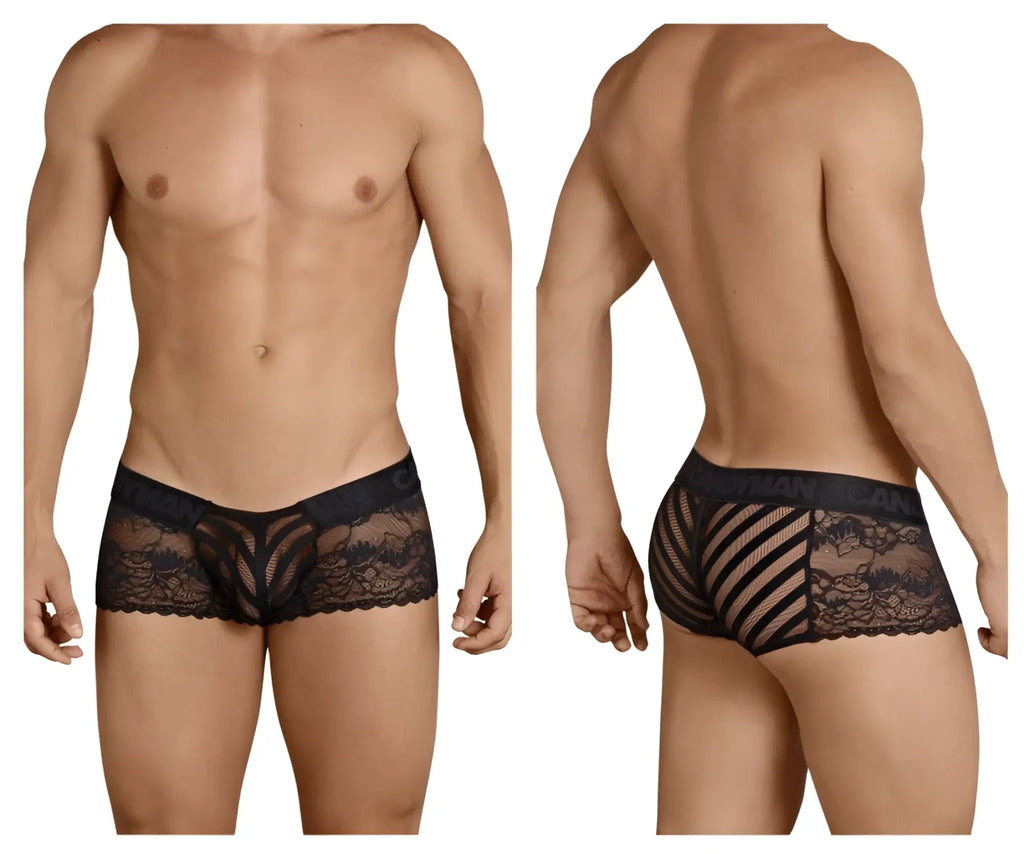 Black CandyMan 99393 boxer briefs featuring intricate floral lace and mesh design for men
