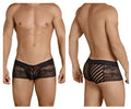 Black CandyMan 99393 boxer briefs featuring intricate floral lace and mesh design for men