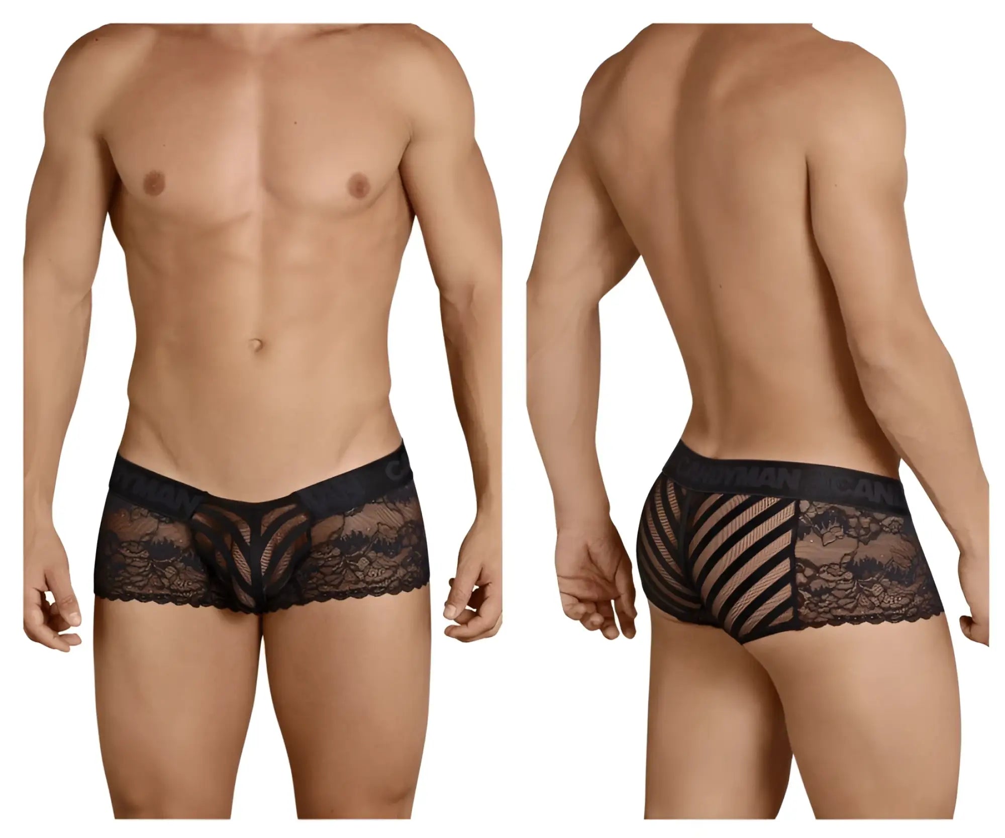 Black CandyMan 99393 boxer briefs featuring intricate floral lace and mesh design for men