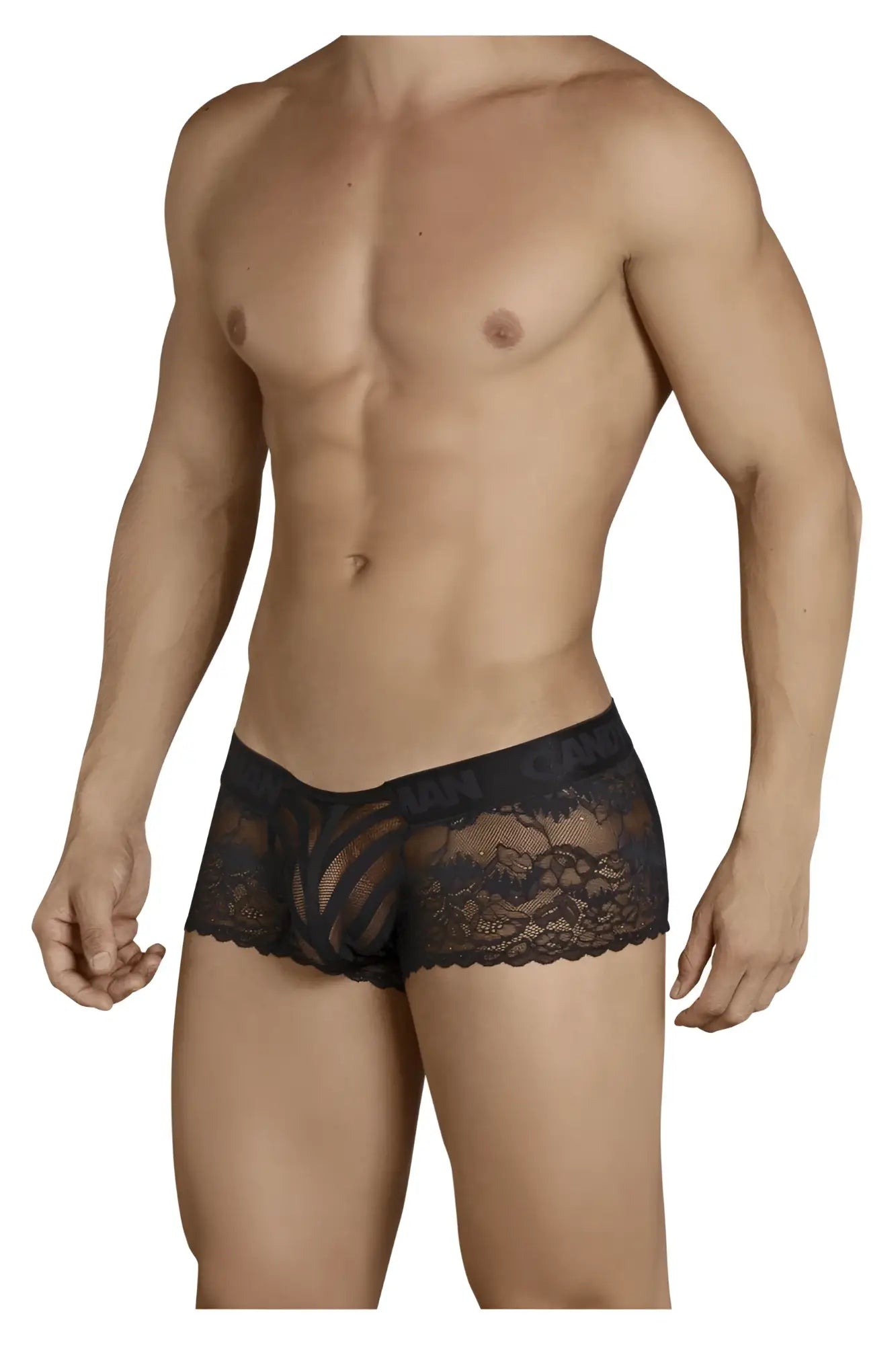 Black lace CandyMan 99393 boxer briefs for men with intricate floral patterns and scalloped hem in black color
