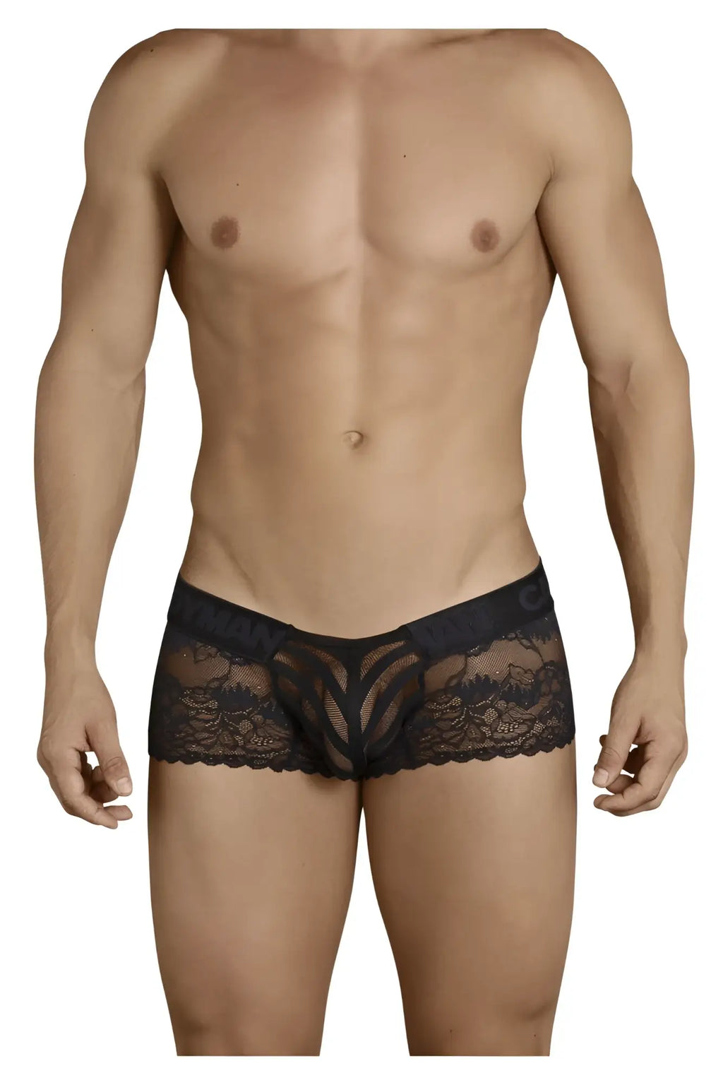 Black lace candy man 99393 boxer briefs with intricate floral patterns and a solid waistband in black color
