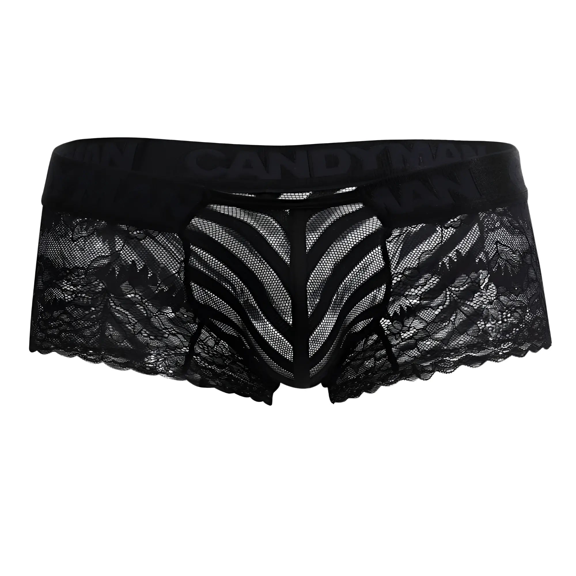 CandyMan 99393 boxer briefs in black feature sheer mesh panels and scalloped edges with black lace for men