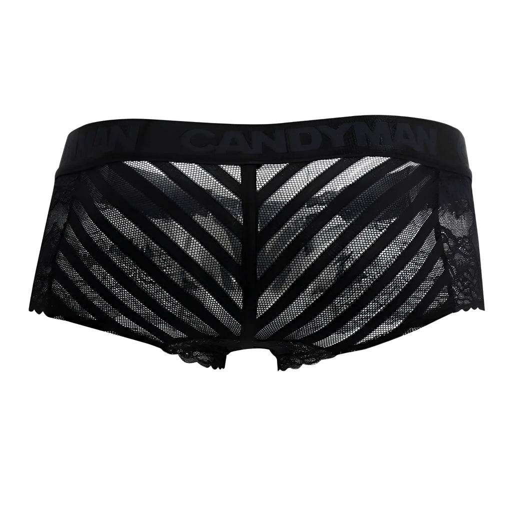 Black lace candyMan 99393 boxer briefs with mesh diagonal stripes panel in black color on the front side