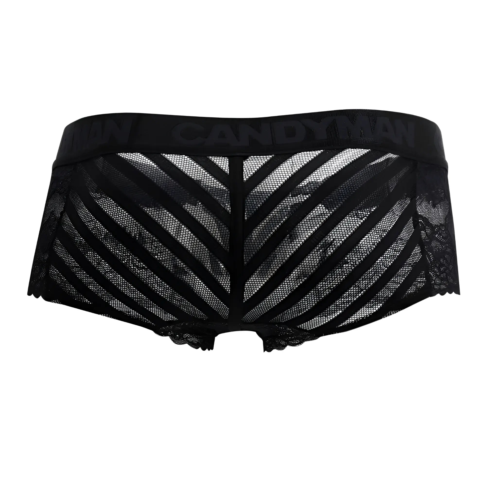 Black lace candyMan 99393 boxer briefs with mesh diagonal stripes panel in black color on the front side