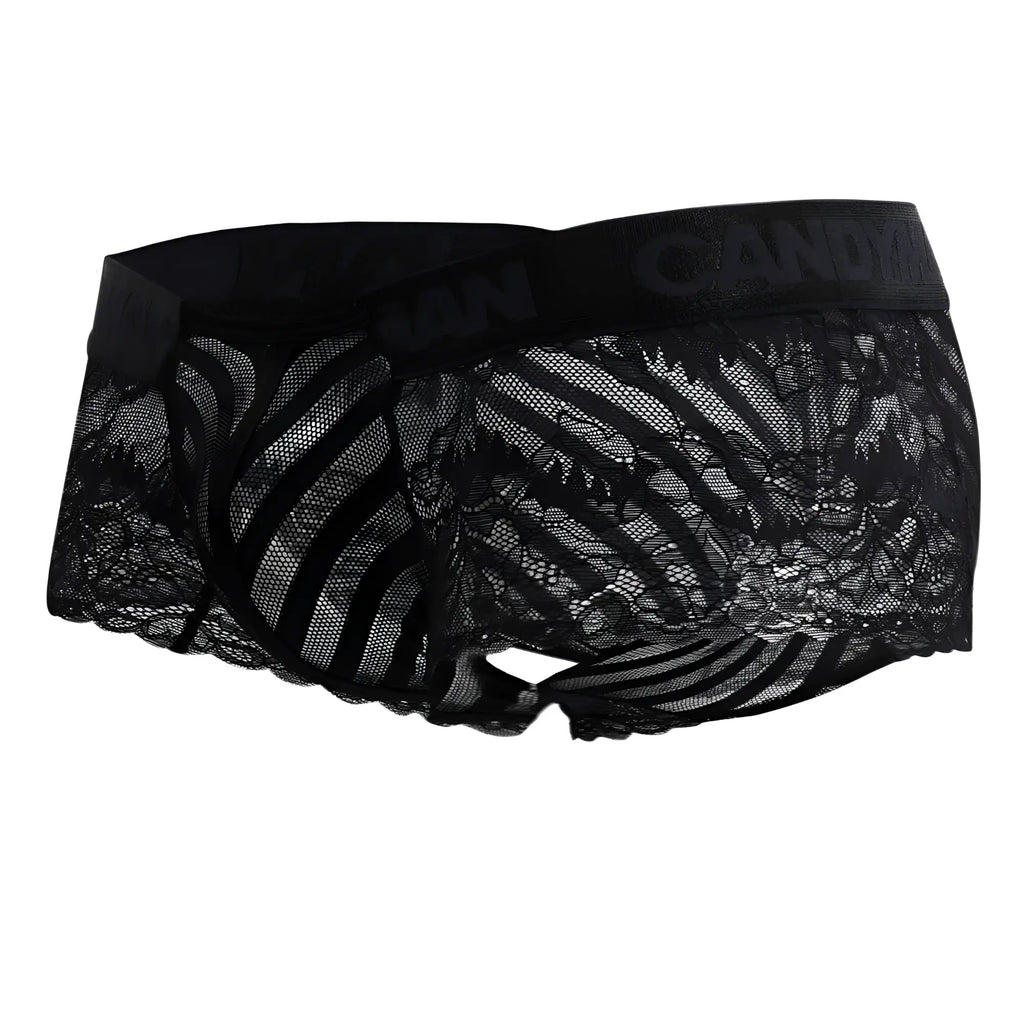 Black lace CandyMan 99393 boxer briefs with patterned design and elastic waistband in black color