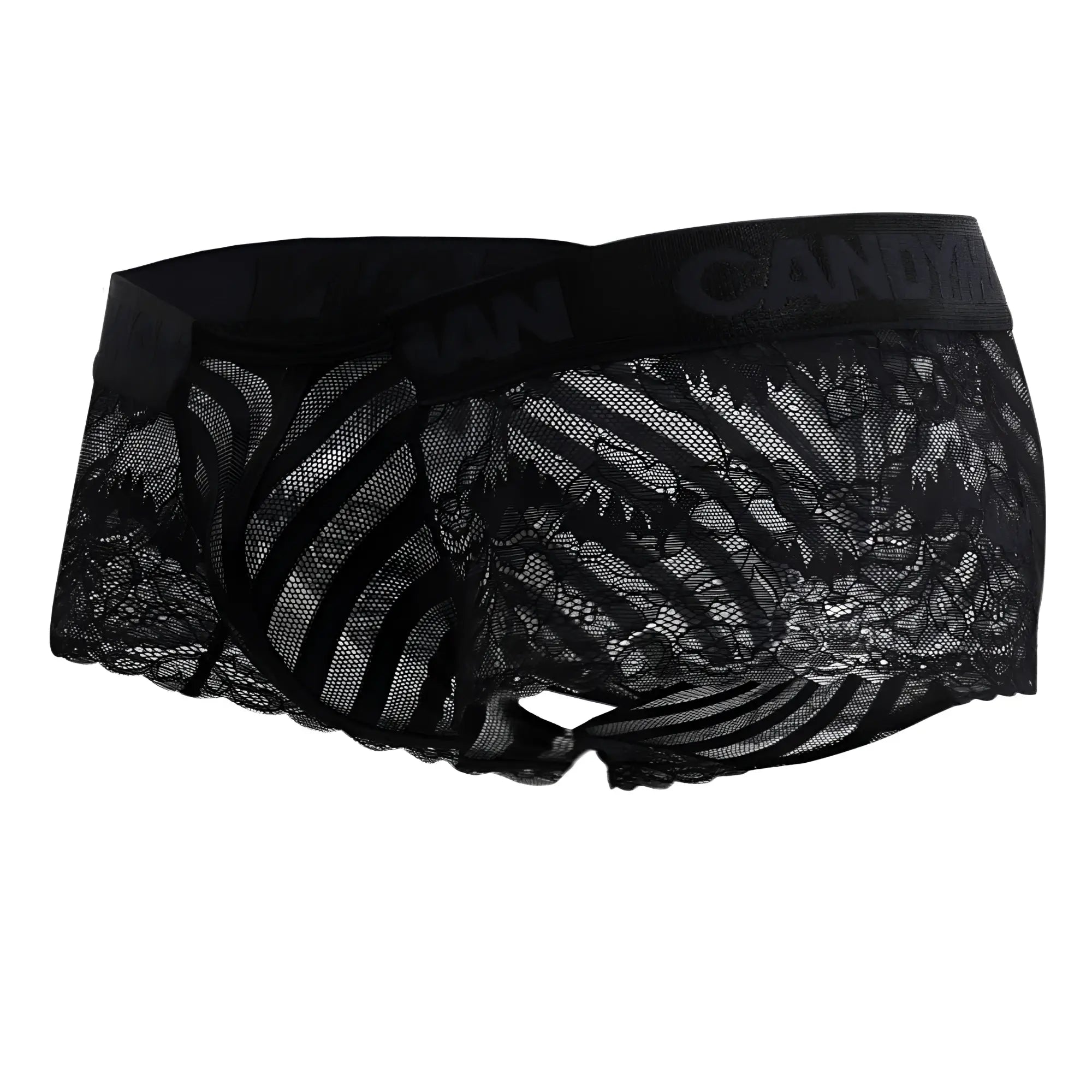 Black lace CandyMan 99393 boxer briefs with patterned design and elastic waistband in black color