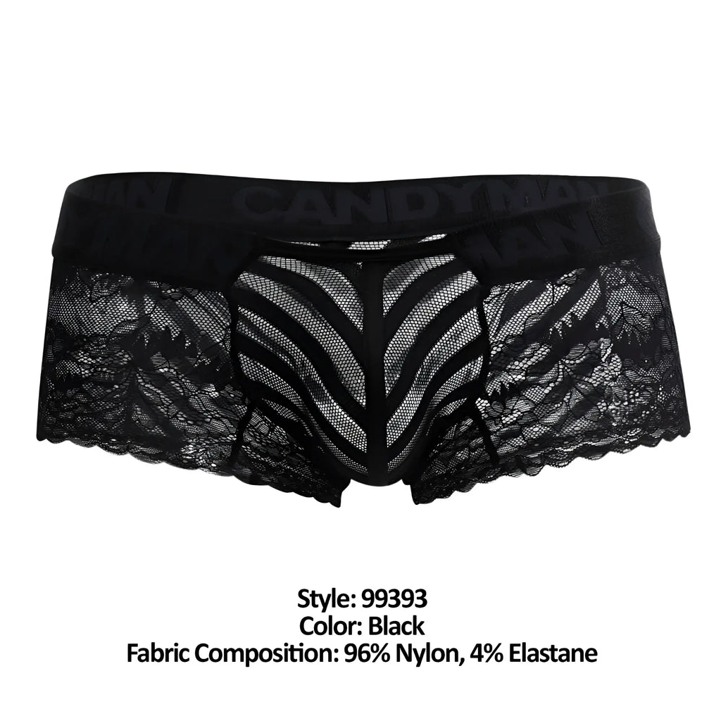 CandyMan 99393 black lace boxer briefs with sheer patterned front panel and scalloped edges for stylish comfort