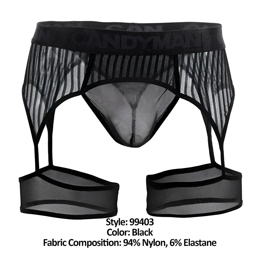 Black mesh CandyMan 99403 stripes garter belt with sheer striped design and elastic waistband