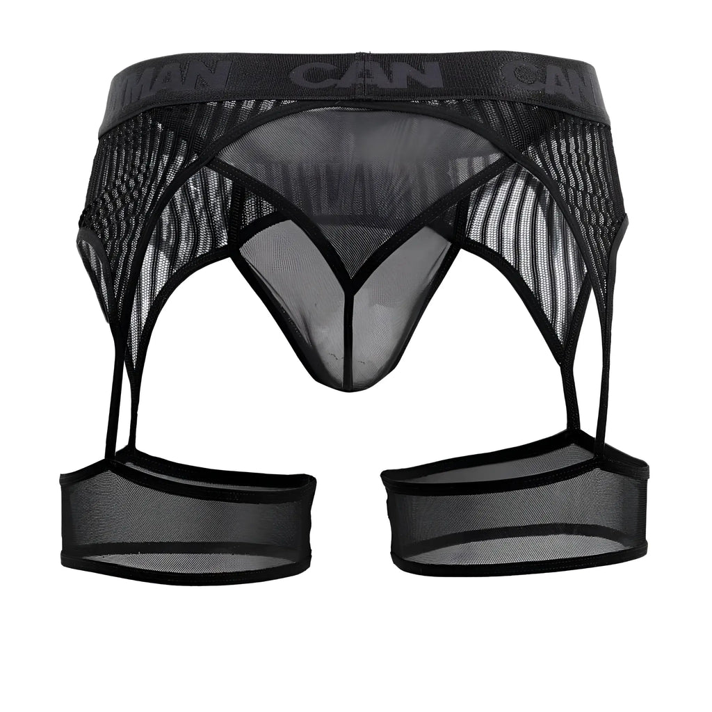 Black mesh CandyMan 99403 stripes gaterbelt thongs with branded waistband and leg straps for men
