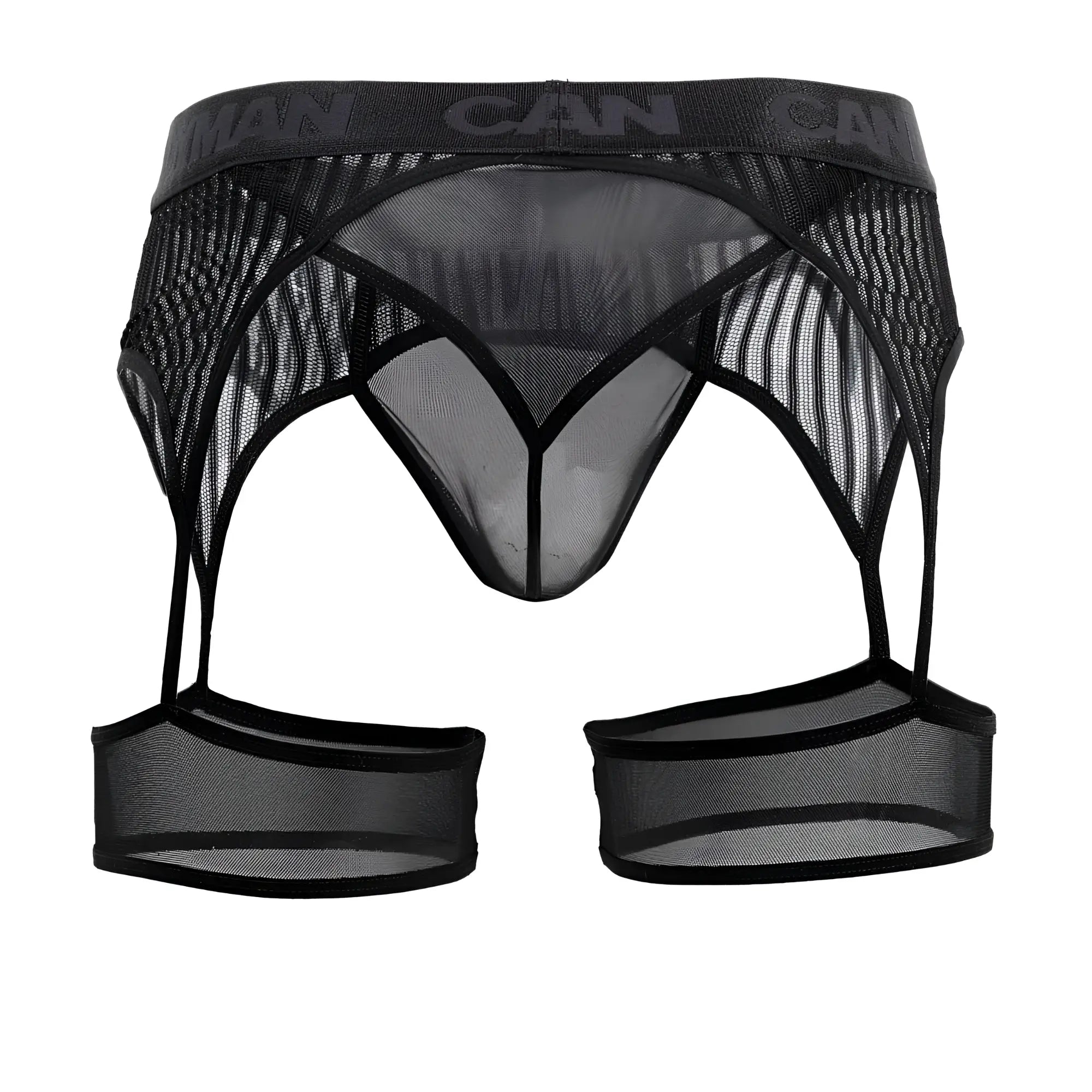 Black mesh CandyMan 99403 stripes gaterbelt thongs with branded waistband and leg straps for men