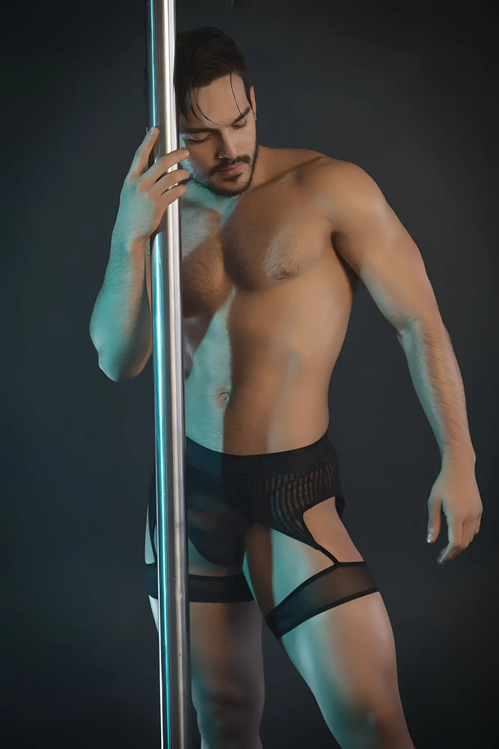 Black CandyMan 99403 stripes garterbelt thongs with sheer straps mesh briefs and supportive design front view