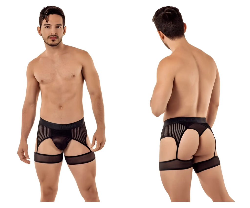 Black mesh briefs with sheer striped design and supportive leg straps from candyman 99403 garterbelt thongs collection