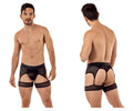 Black mesh briefs with sheer striped design and supportive leg straps from candyman 99403 garterbelt thongs collection