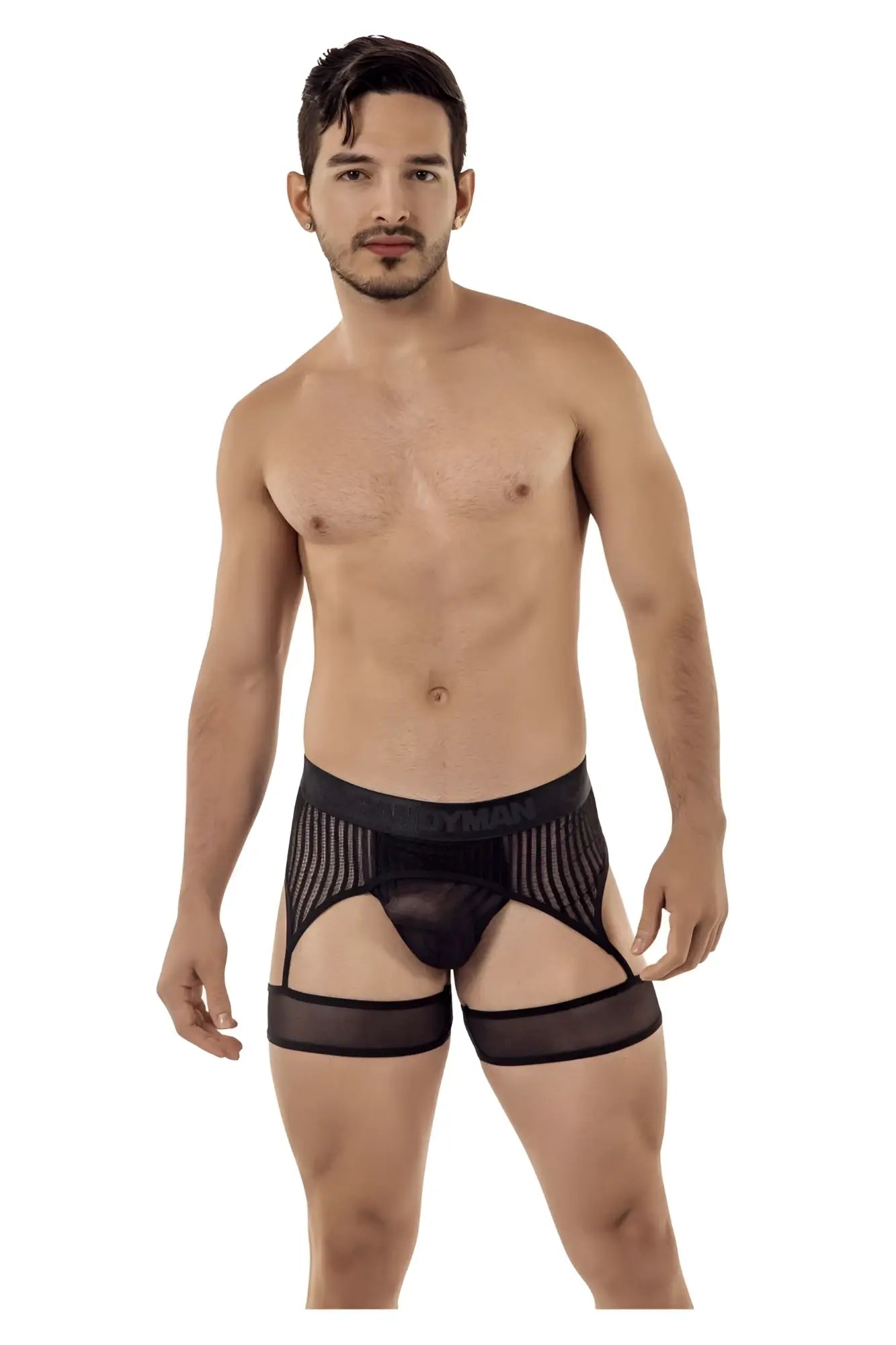 Black mesh briefs with sheer striped panels and adjustable leg straps from candyman 99403 stripes gaterbelt thongs
