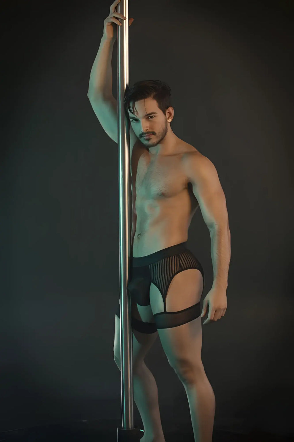 Black mesh and solid panel pole dance briefs candyMan 99403 stripes gaterbelt thongs back side view