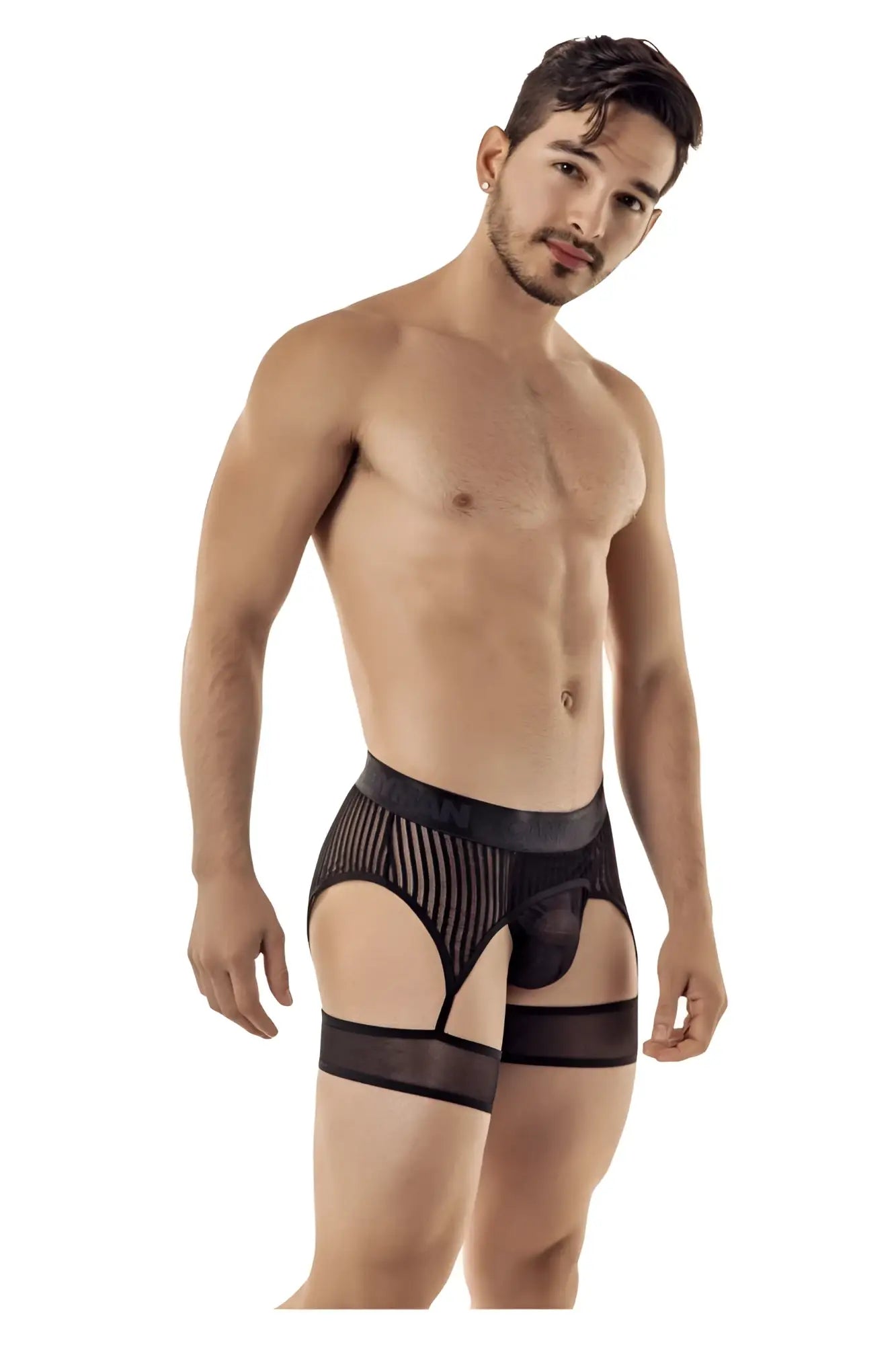 Black sheer mesh briefs with solid black waistband and leg straps candy man 99403 stripes garterbelt thong in black