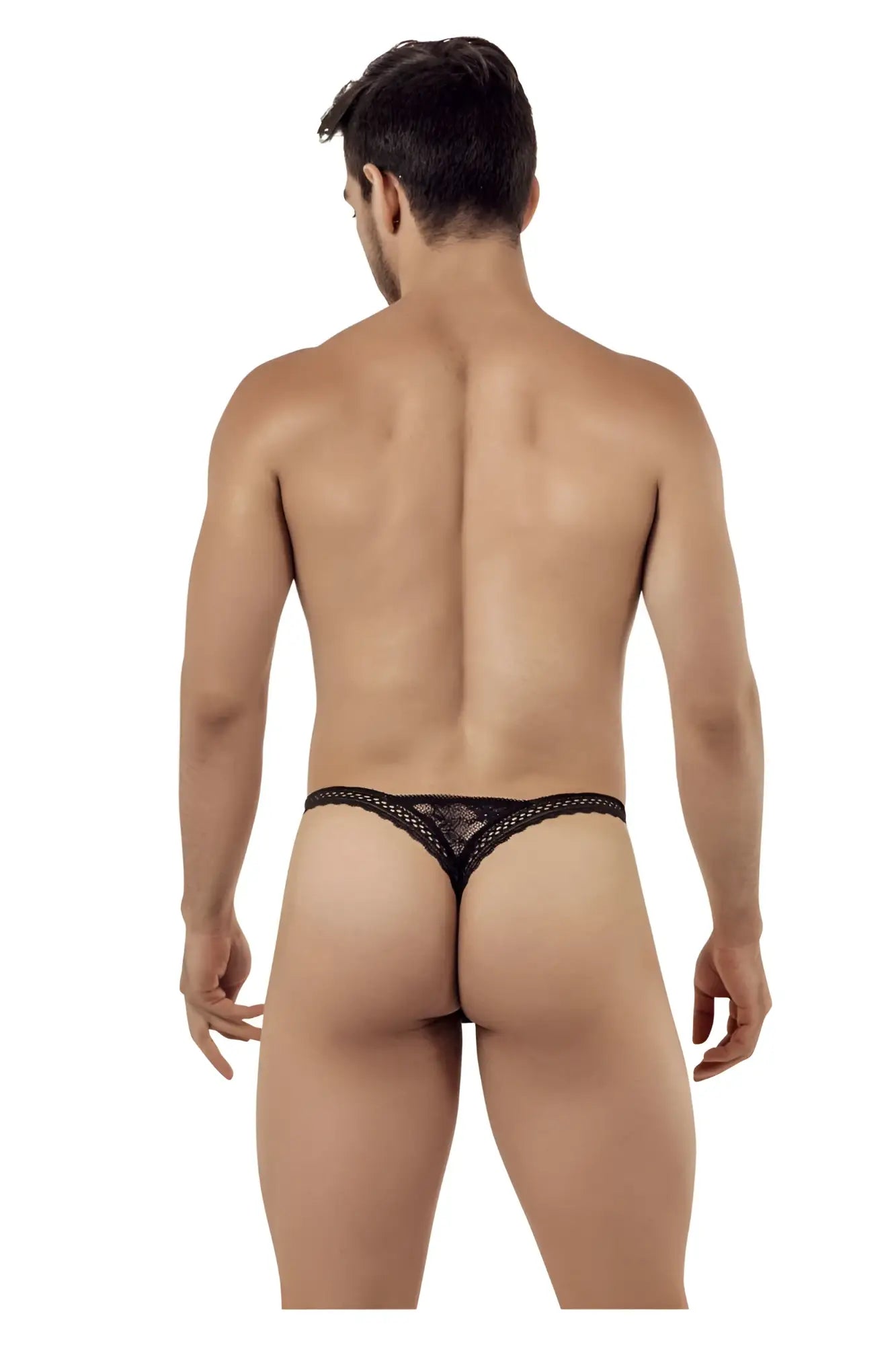 Black lace thong candyMan 99420 with delicate intricate mesh pattern in black showing front view